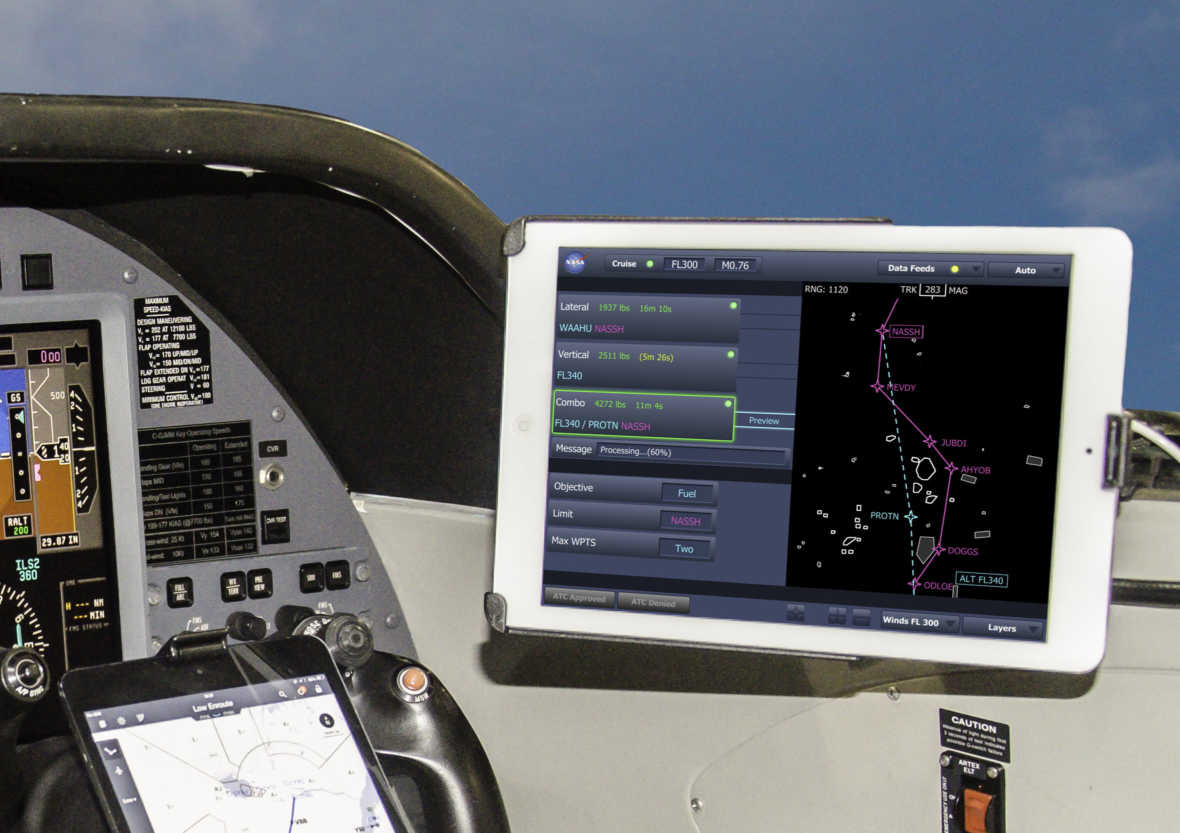Photo of the Electronic Flight Bag shown on the right-hand side of the Avanti flight deck